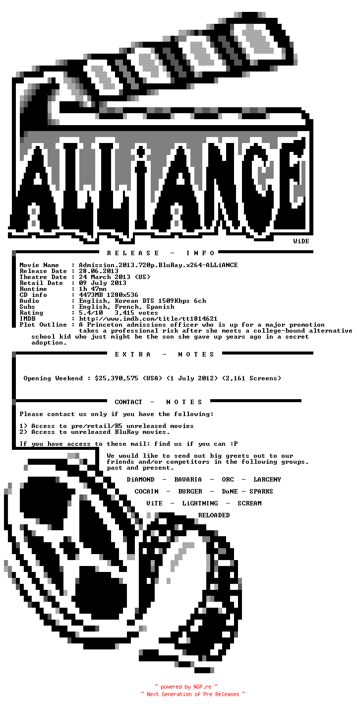 NFO for the release Admission.2013.720p.BluRay.x264-ALLiANCE by ALLiANCE