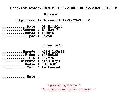 NFO for the release Need.For.Speed.2014.FRENCH.720p.BluRay.x264-PRiDEHD by PRiDEHD