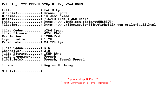 NFO for the release Fat.City.1972.FRENCH.720p.BluRay.x264-ROUGH by ROUGH