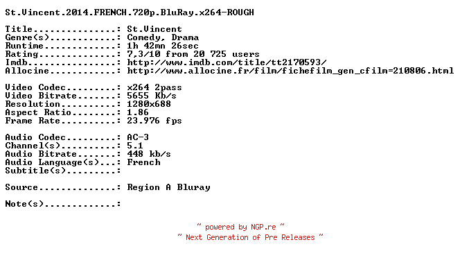 NFO for the release St.Vincent.2014.FRENCH.720p.BluRay.x264-ROUGH by ROUGH