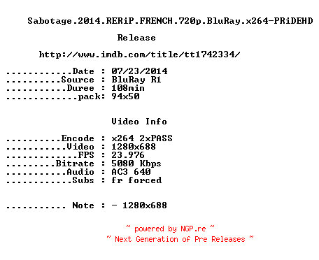 NFO for the release Sabotage.2014.RERiP.FRENCH.720p.BluRay.x264-PRiDEHD by PRiDEHD