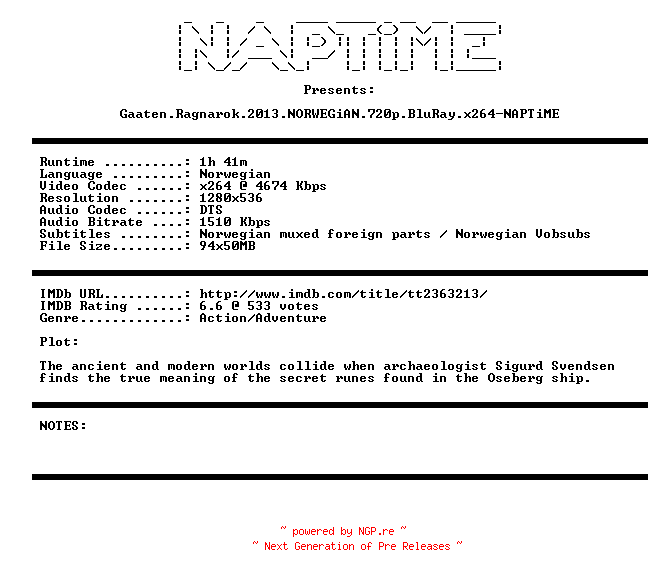 NFO for the release Gaaten.Ragnarok.2013.NORWEGiAN.720p.BluRay.x264-NAPTiME by NAPTiME