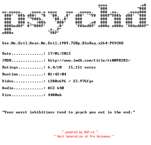 NFO for the release See.No.Evil.Hear.No.Evil.1989.720p.BluRay.x264-PSYCHD by PSYCHD