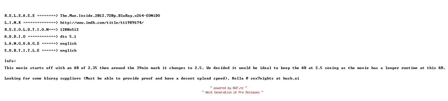 NFO for the release The.Man.Inside.2012.720p.BluRay.x264-SONiDO by SONiDO