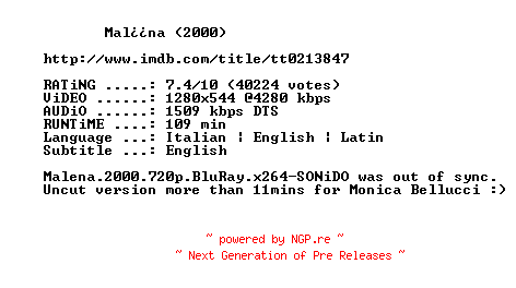 NFO for the release Malena.2000.UNCUT.PROPER.720p.BluRay.x264-MELiTE by MELiTE