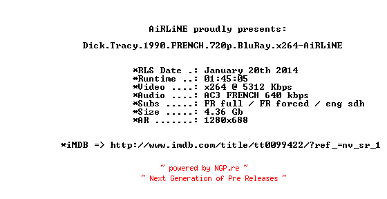 NFO for the release Dick.Tracy.1990.FRENCH.720p.BluRay.x264-AiRLiNE by AiRLiNE