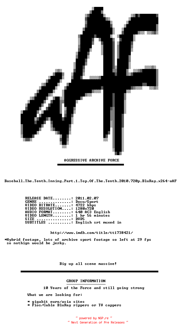 NFO for the release Baseball.The.Tenth.Inning.Part.1.Top.Of.The.Tenth.2010.720p.BluRay.x264-aAF by aAF