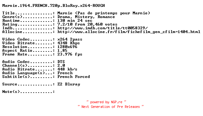 NFO for the release Marnie.1964.FRENCH.720p.BluRay.x264-ROUGH by ROUGH