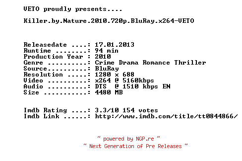 NFO for the release Killer.by.Nature.2010.720p.BluRay.x264-VETO by VETO