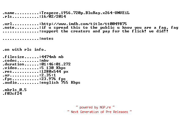 NFO for the release Trapeze.1956.720p.BluRay.x264-UNVEiL by UNVEiL