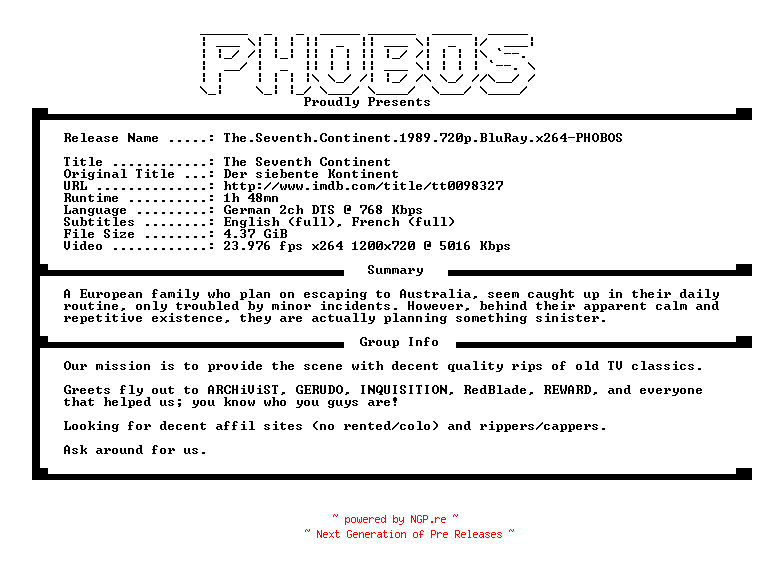 NFO for the release The.Seventh.Continent.1989.720p.BluRay.x264-PHOBOS by PHOBOS