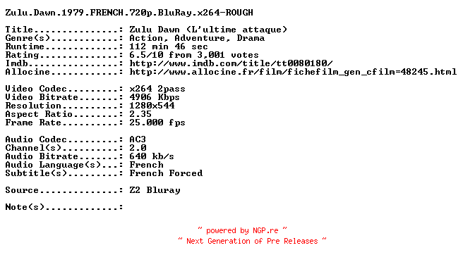 NFO for the release Zulu.Dawn.1979.FRENCH.720p.BluRay.x264-ROUGH by ROUGH
