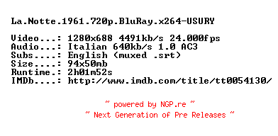 NFO for the release La.Notte.1961.720p.BluRay.x264-USURY by USURY