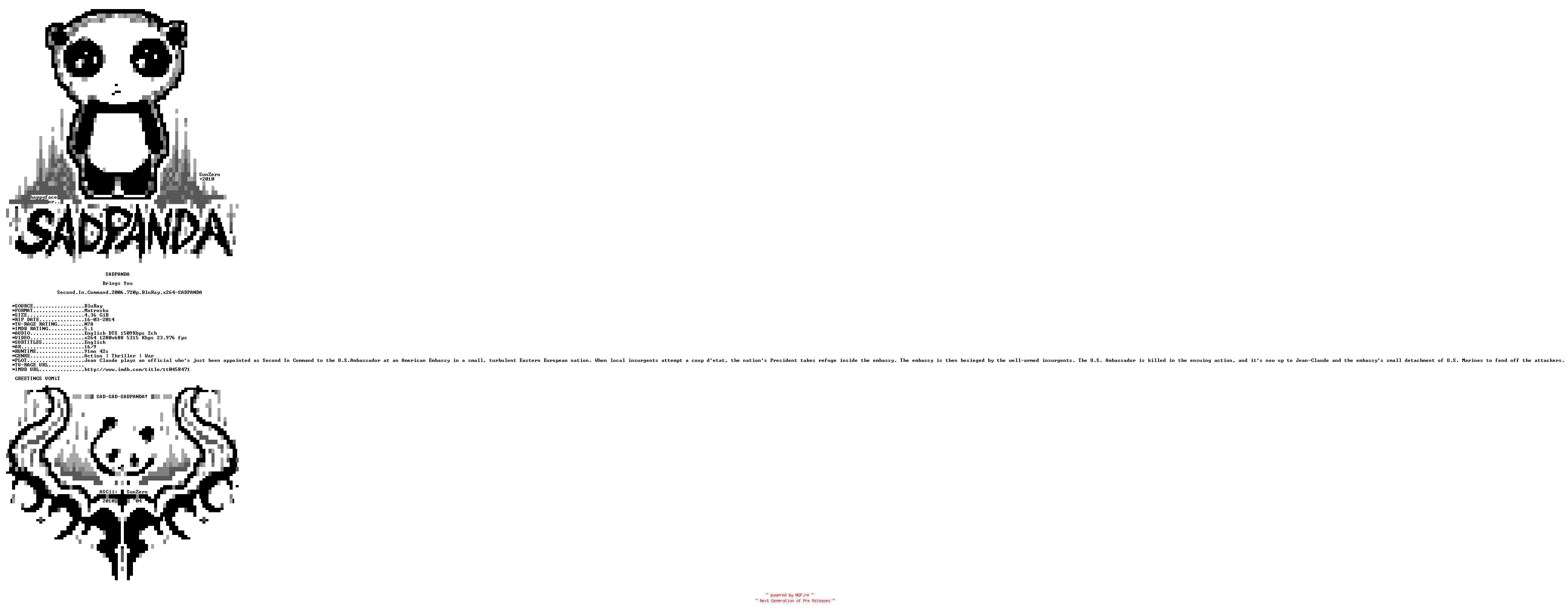 NFO for the release Second.In.Command.2006.720p.BluRay.x264-SADPANDA by SADPANDA