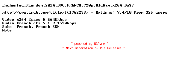 NFO for the release Enchanted.Kingdom.2014.DOC.FRENCH.720p.BluRay.x264-DuSS by DuSS