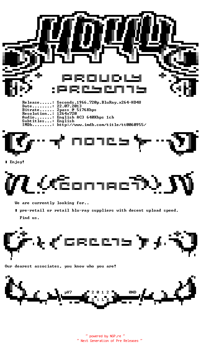 NFO for the release Seconds.1966.720p.BluRay.x264-HD4U by HD4U