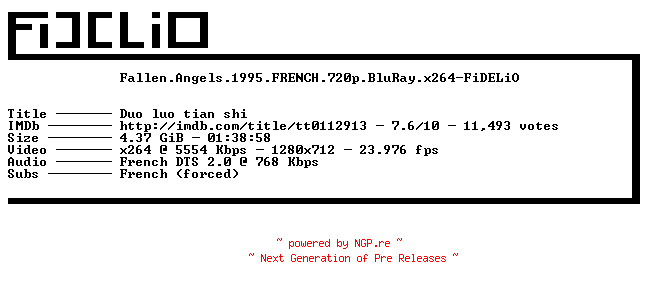 NFO for the release Fallen.Angels.1995.FRENCH.720p.BluRay.x264-FiDELiO by FiDELiO