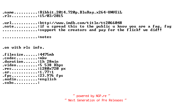 NFO for the release Ribbit.2014.720p.BluRay.x264-UNVEiL by UNVEiL