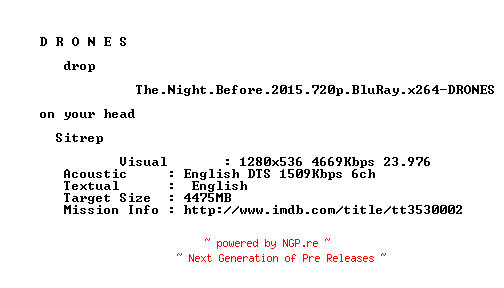 NFO for the release The.Night.Before.2015.720p.BluRay.x264-DRONES by DRONES