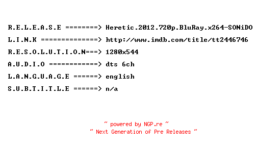 NFO for the release Heretic.2012.720p.BluRay.x264-SONiDO by SONiDO