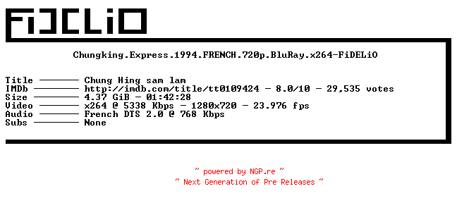 NFO for the release Chungking.Express.1994.FRENCH.720p.BluRay.x264-FiDELiO by FiDELiO