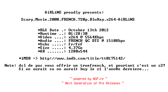 NFO for the release Scary.Movie.2000.FRENCH.720p.BluRay.x264-AiRLiNE by AiRLiNE