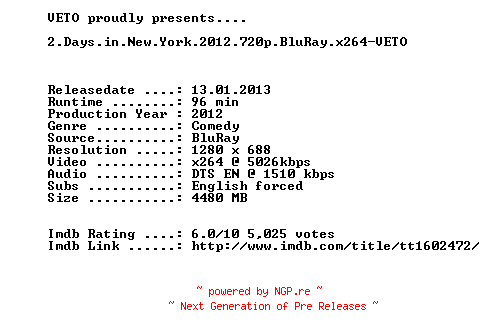 NFO for the release 2.Days.in.New.York.2012.720p.BluRay.x264-VETO by VETO