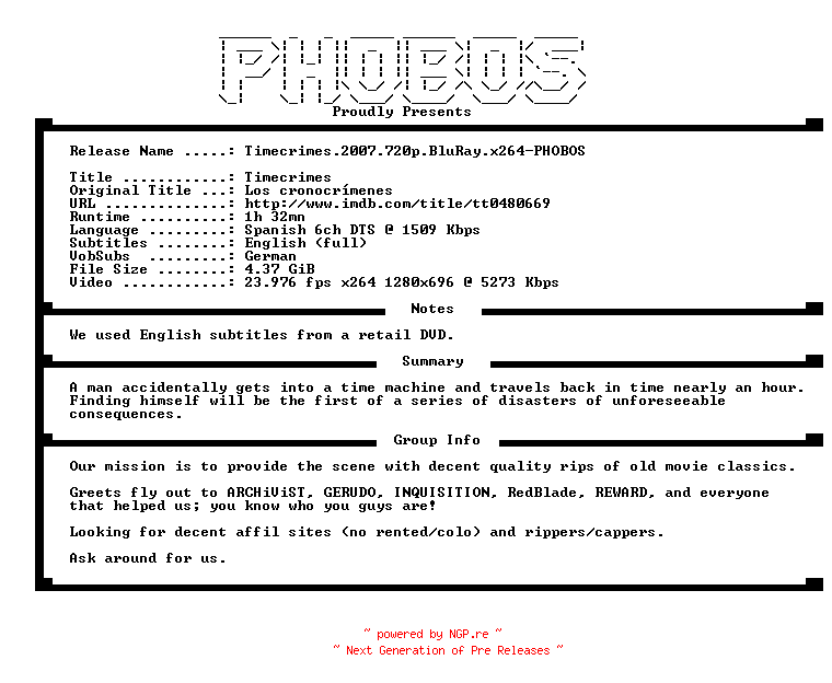 NFO for the release Timecrimes.2007.720p.BluRay.x264-PHOBOS by PHOBOS