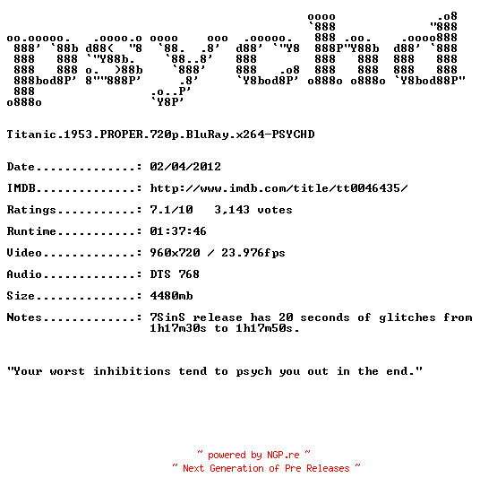 NFO for the release Titanic.1953.PROPER.720p.BluRay.x264-PSYCHD by PSYCHD