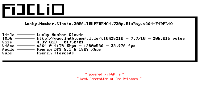 NFO for the release Lucky.Number.Slevin.2006.TRUEFRENCH.720p.BluRay.x264-FiDELiO by FiDELiO