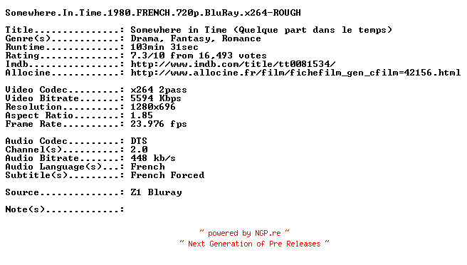 NFO for the release Somewhere.In.Time.1980.FRENCH.720p.BluRay.x264-ROUGH by ROUGH