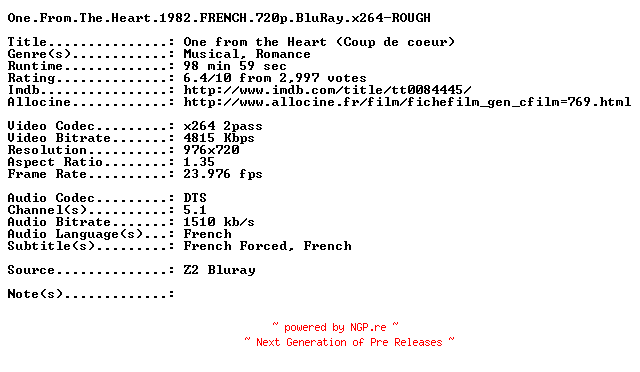 NFO for the release One.From.The.Heart.1982.FRENCH.720p.BluRay.x264-ROUGH by ROUGH