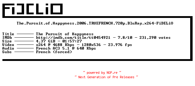 NFO for the release The.Pursuit.of.Happyness.2006.TRUEFRENCH.720p.BluRay.x264-FiDELiO by FiDELiO