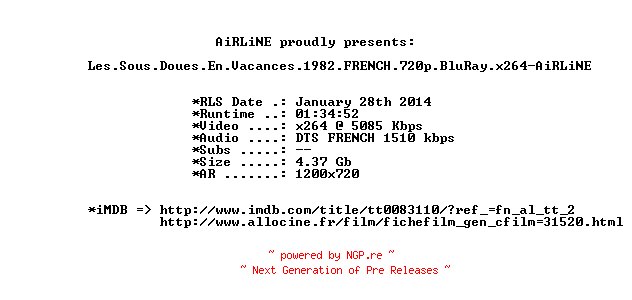 NFO for the release Les.Sous.Doues.En.Vacances.1982.FRENCH.720p.BluRay.x264-AiRLiNE by AiRLiNE