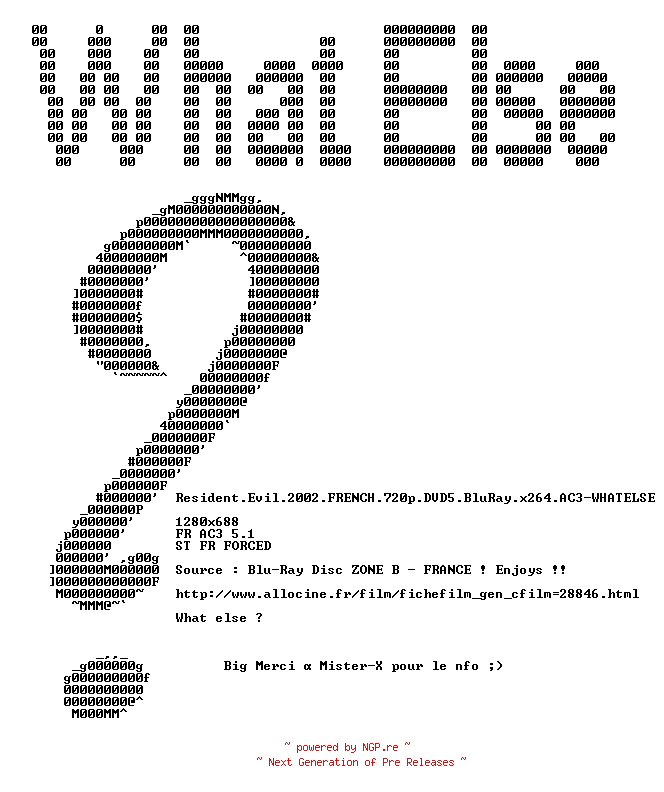 NFO for the release Resident.Evil.2002.FRENCH.720p.DVD5.BluRay.x264.AC3-WHATELSE by WHATELSE