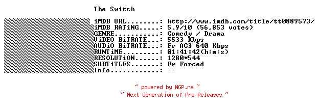 NFO for the release The.Switch.2010.FRENCH.720p.BluRay.x264-THENiGHTMAREiNHD by THENiGHTMAREiNHD