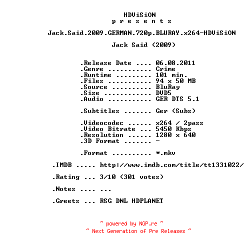 NFO for the release Jack.Said.2009.GERMAN.720p.BLURAY.x264-HDViSiON by HDViSiON