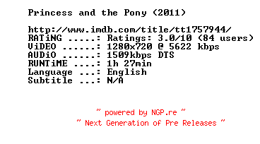 NFO for the release Princess.and.the.Pony.2011.720p.BluRay.x264-MELiTE by MELiTE