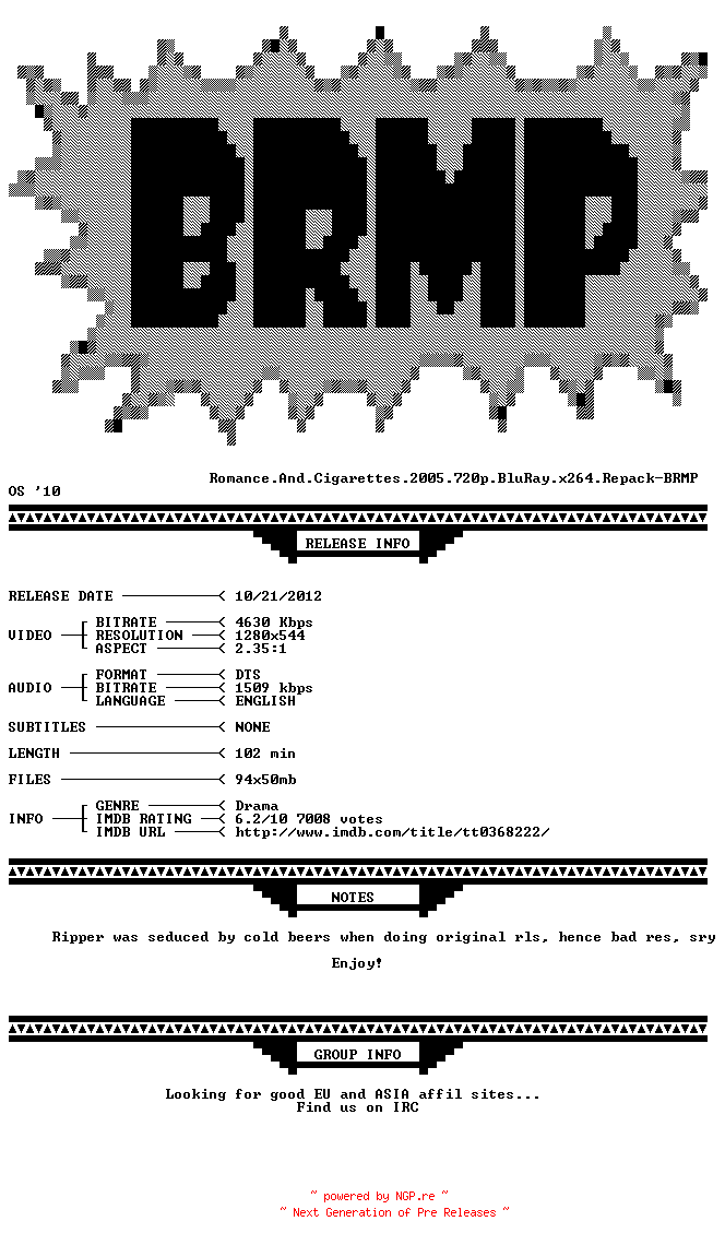 NFO for the release Romance.And.Cigarettes.2005.720p.BluRay.x264.Repack-BRMP by BRMP