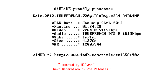 NFO for the release Safe.2012.TRUEFRENCH.720p.BluRay.x264-AiRLiNE by AiRLiNE