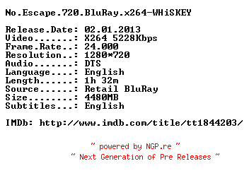 NFO for the release No.Escape.2012.720p.BluRay.x264-WHiSKEY by WHiSKEY