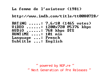 NFO for the release The.Aviators.Wife.1981.720p.BluRay.x264-MELiTE by MELiTE