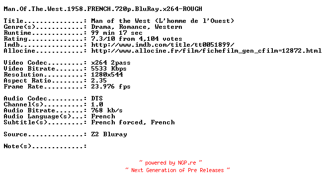 NFO for the release Man.Of.The.West.1958.FRENCH.720p.BluRay.x264-ROUGH by ROUGH