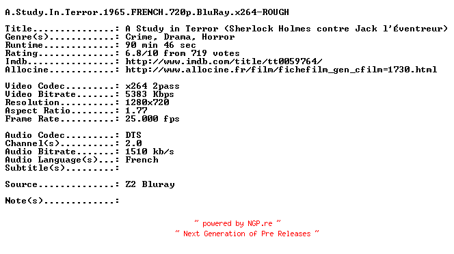 NFO for the release A.Study.In.Terror.1965.FRENCH.720p.BluRay.x264-ROUGH by ROUGH