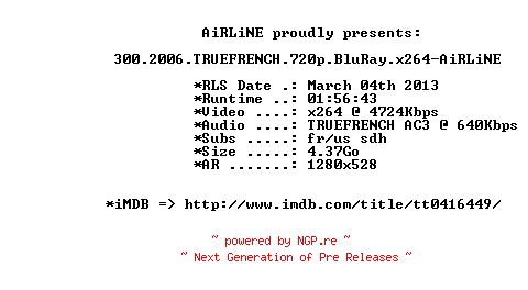 NFO for the release 300.2006.TRUEFRENCH.720p.BluRay.x264-AiRLiNE by AiRLiNE