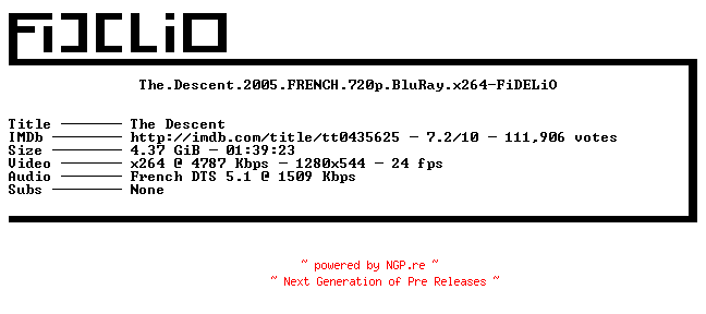 NFO for the release The.Descent.2005.FRENCH.720p.BluRay.x264-FiDELiO by FiDELiO