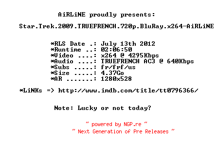 NFO for the release Star.Trek.2009.TRUEFRENCH.720p.BluRay.x264-AiRLiNE by AiRLiNE
