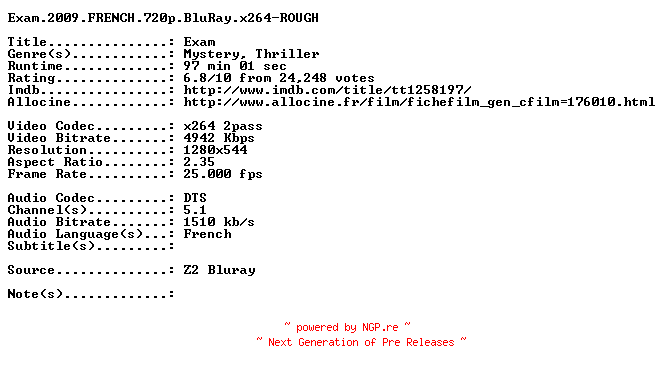 NFO for the release Exam.2009.FRENCH.720p.BluRay.x264-ROUGH by ROUGH