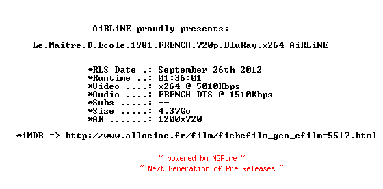 NFO for the release Le.Maitre.D.Ecole.1981.FRENCH.720p.BluRay.x264-AiRLiNE by AiRLiNE