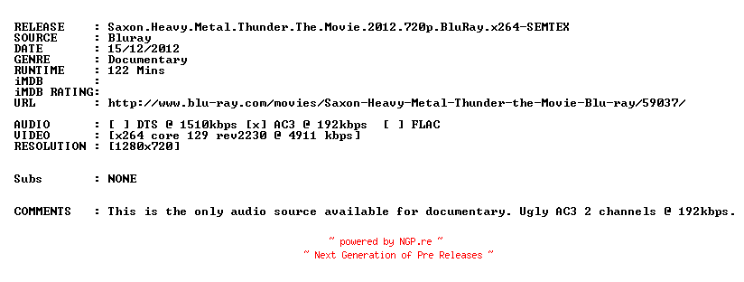 NFO for the release Saxon.Heavy.Metal.Thunder.The.Movie.2012.720p.BluRay.x264-SEMTEX by SEMTEX